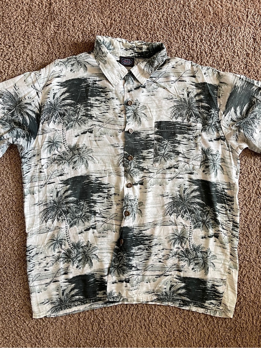 Vintage Maui Trading Company Hawaiian Palm-Print Button Down Shirt - White/Grey